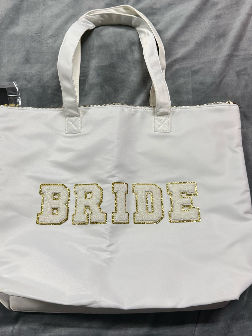Bride Embellished White Tote Bag with Gold Trim